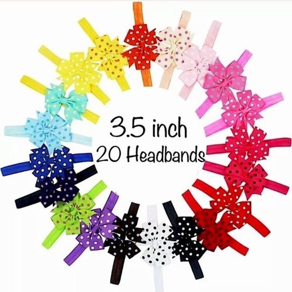 20 Rainbow Color Polka Dot Pinwheel Bow Headbands - 3.5” Bows - Picture 1 of 8
